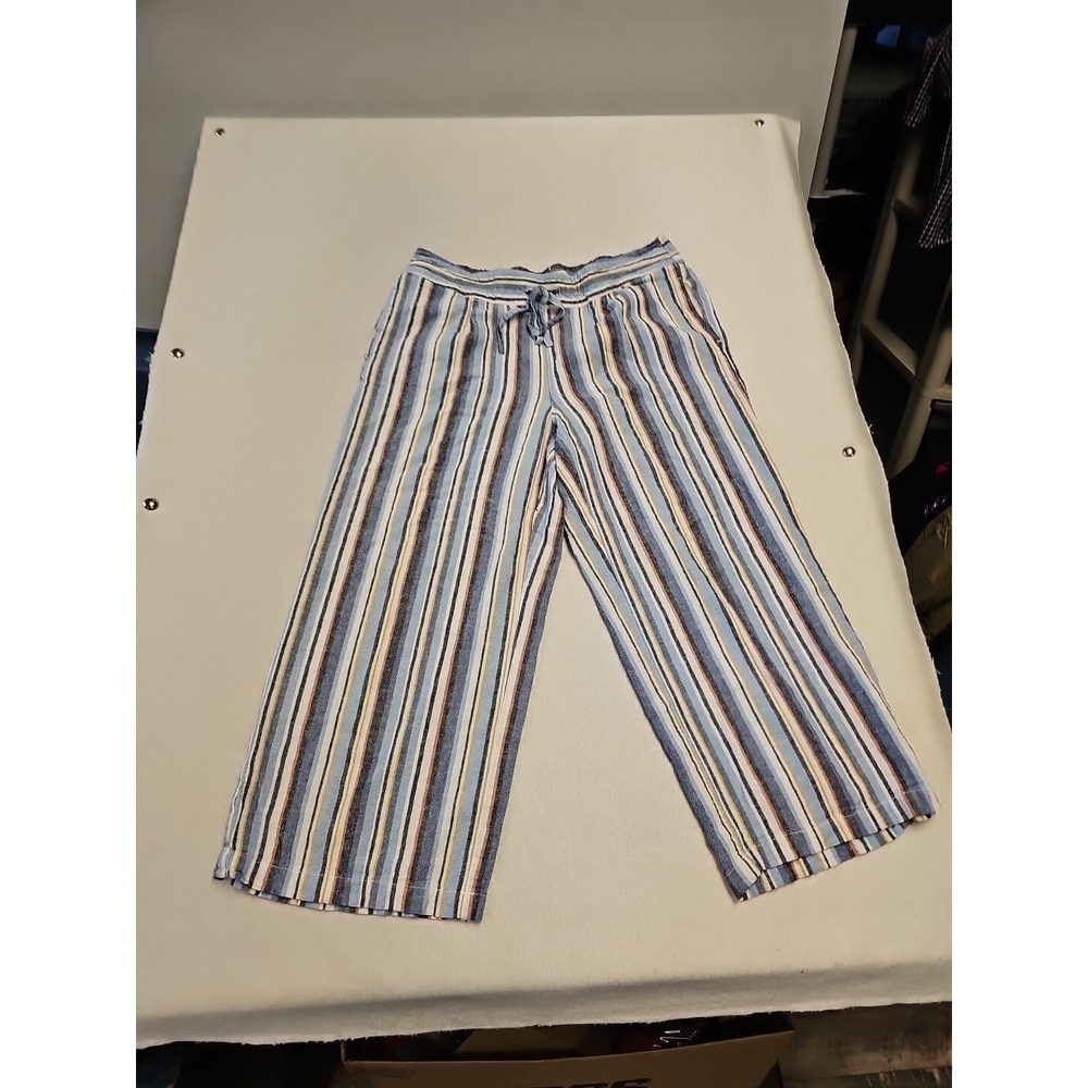 Per Se Pants Womens Size L Blue Striped Linen Blend Drawstring Ankle Pant Boho